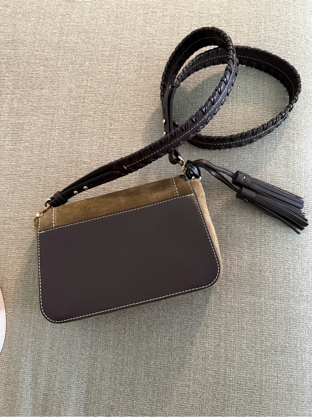 Tory Burch Olive Suede Crossbody with Dark Brown Whipstitch - Picture 2 of 2